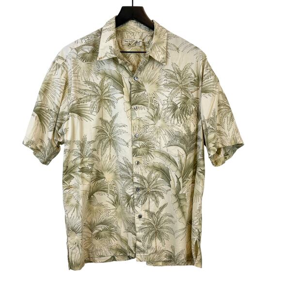 Tori Richard Mens Size L Cotton Button Hawaiian Shirt Palm Trees Green Beige - Picture 1 of 7
